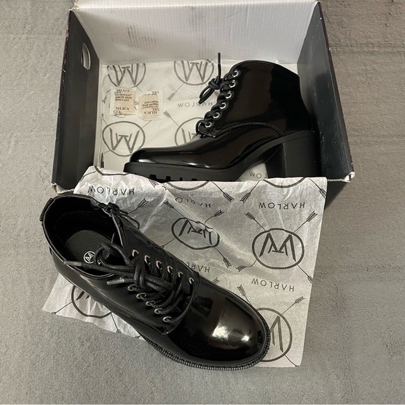 Harlow Black Chunky Heeled Boots - Black - Zippered Sides - Lace Up - Size 7 - Picture 2 of 7